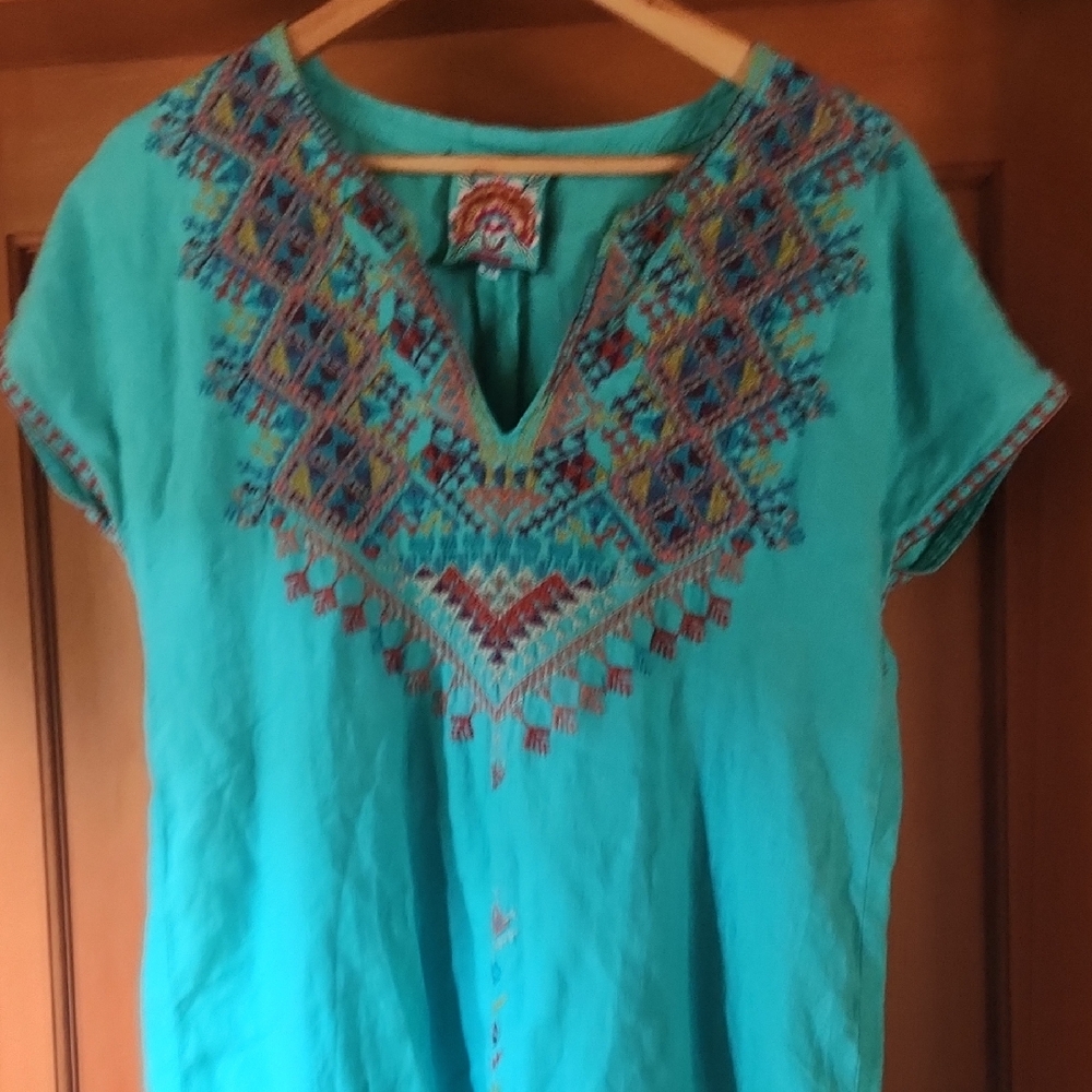 Johnny Was Aqua Embroidered Tunic